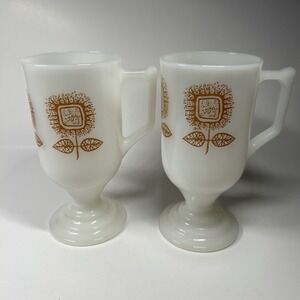 Vintage Lot 2 Federal Milk White‎ Glass Brown Sunflower Mug Expresso Pedestal